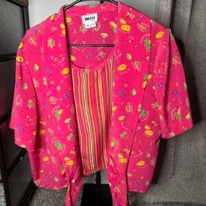 Vintage Pink fruit print button up shirt with tie front #fruitprint #summer